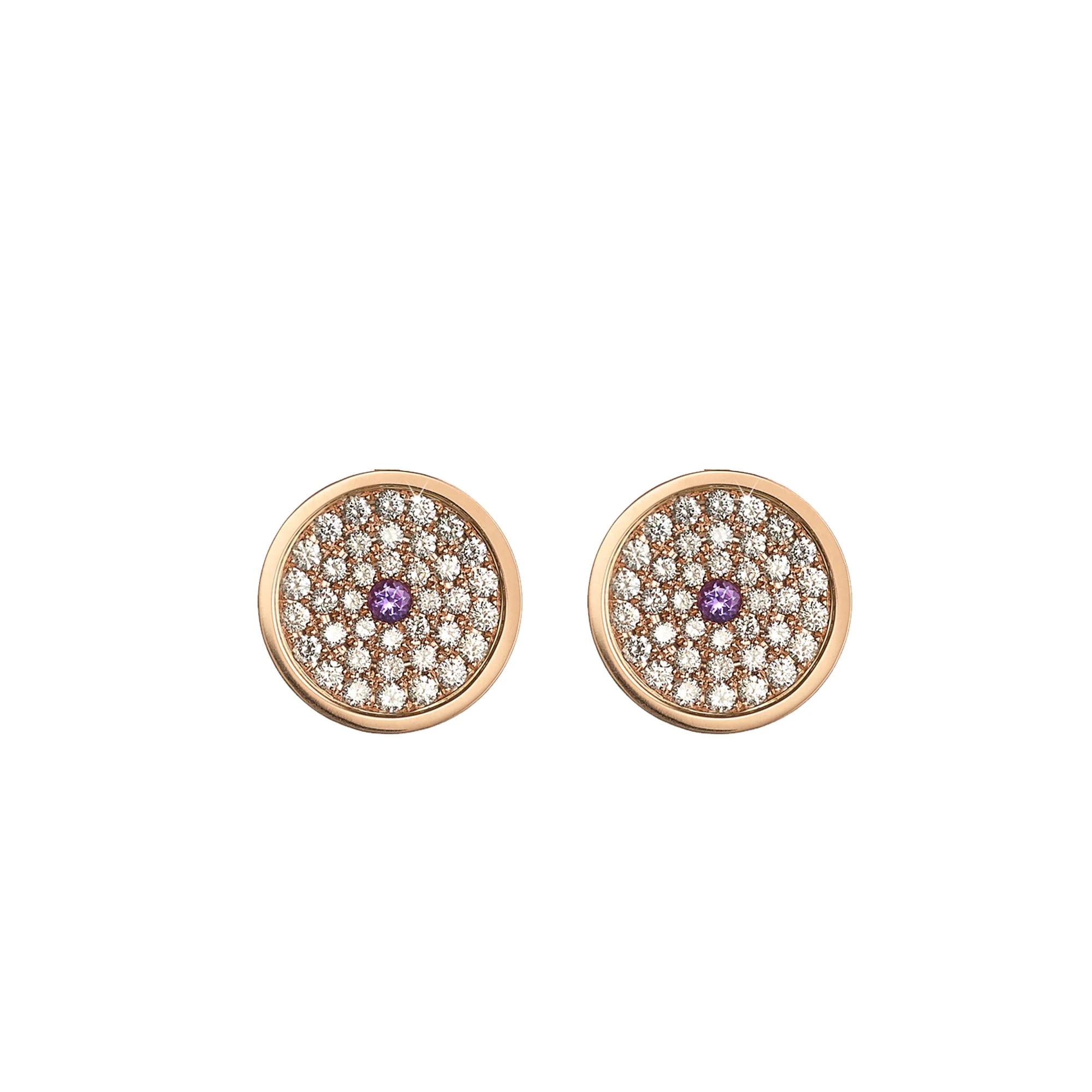 167 Button Earrings in 18ct Rose Gold with Amethyst and Diamonds