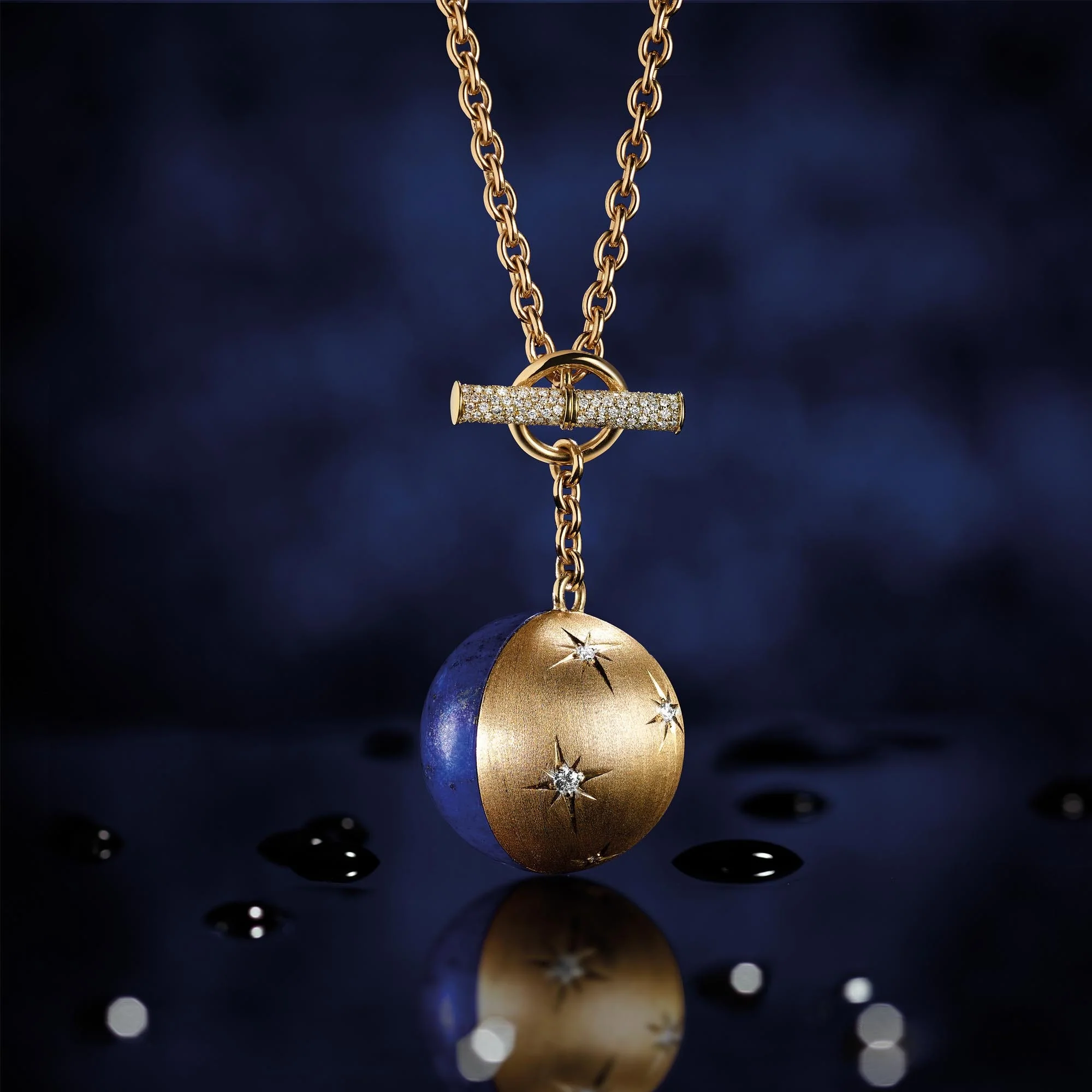 Cosmic Orbit Pendant in 18ct Yellow Gold with Lapis and Diamonds - Image 3