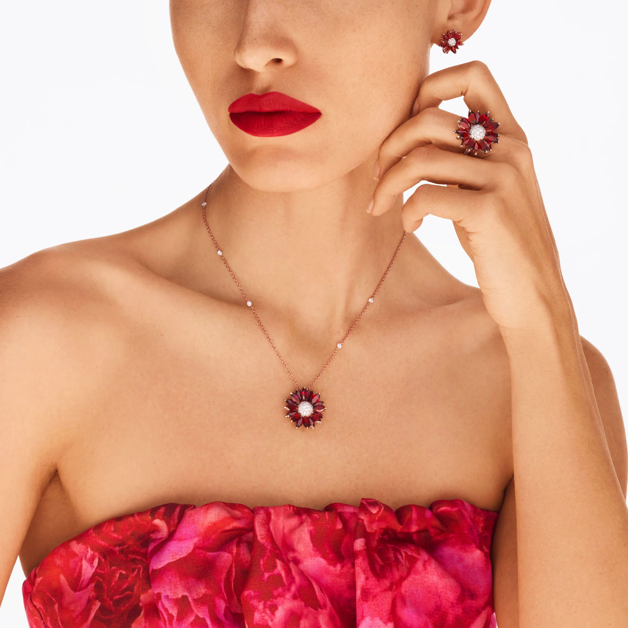 Daisy Small Earrings in 18ct Rose Gold with Garnet and Diamonds - Image 3