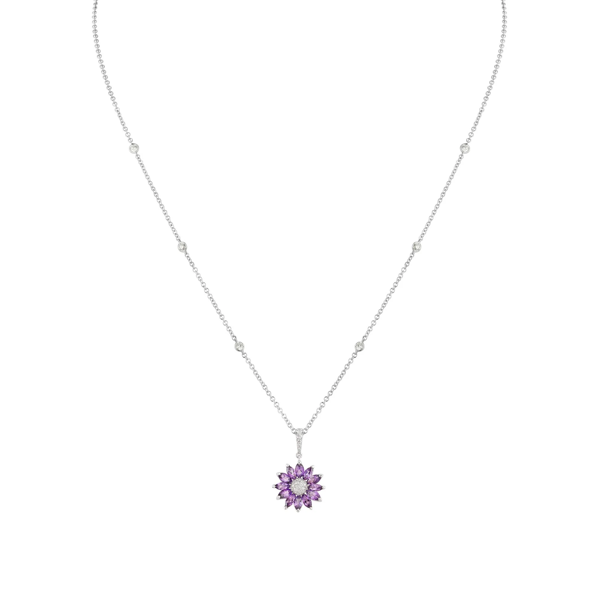 Daisy Small Pendant in 18ct White Gold with Amethyst and Diamonds
