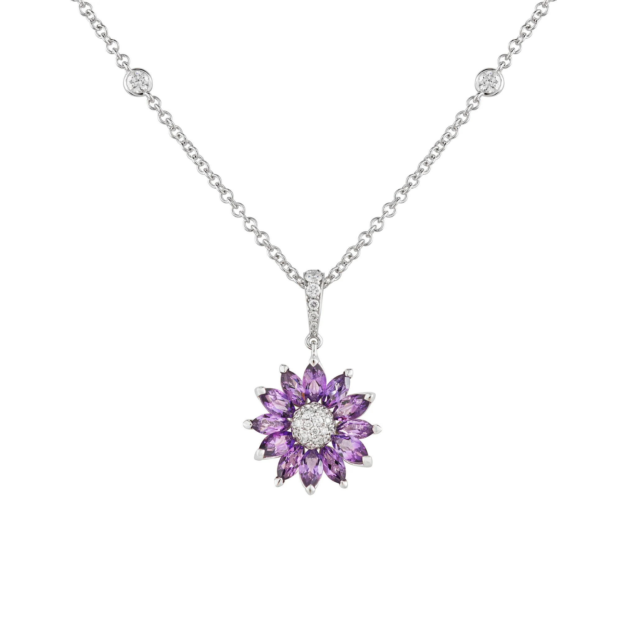 Daisy Small Pendant in 18ct White Gold with Amethyst and Diamonds - Image 2