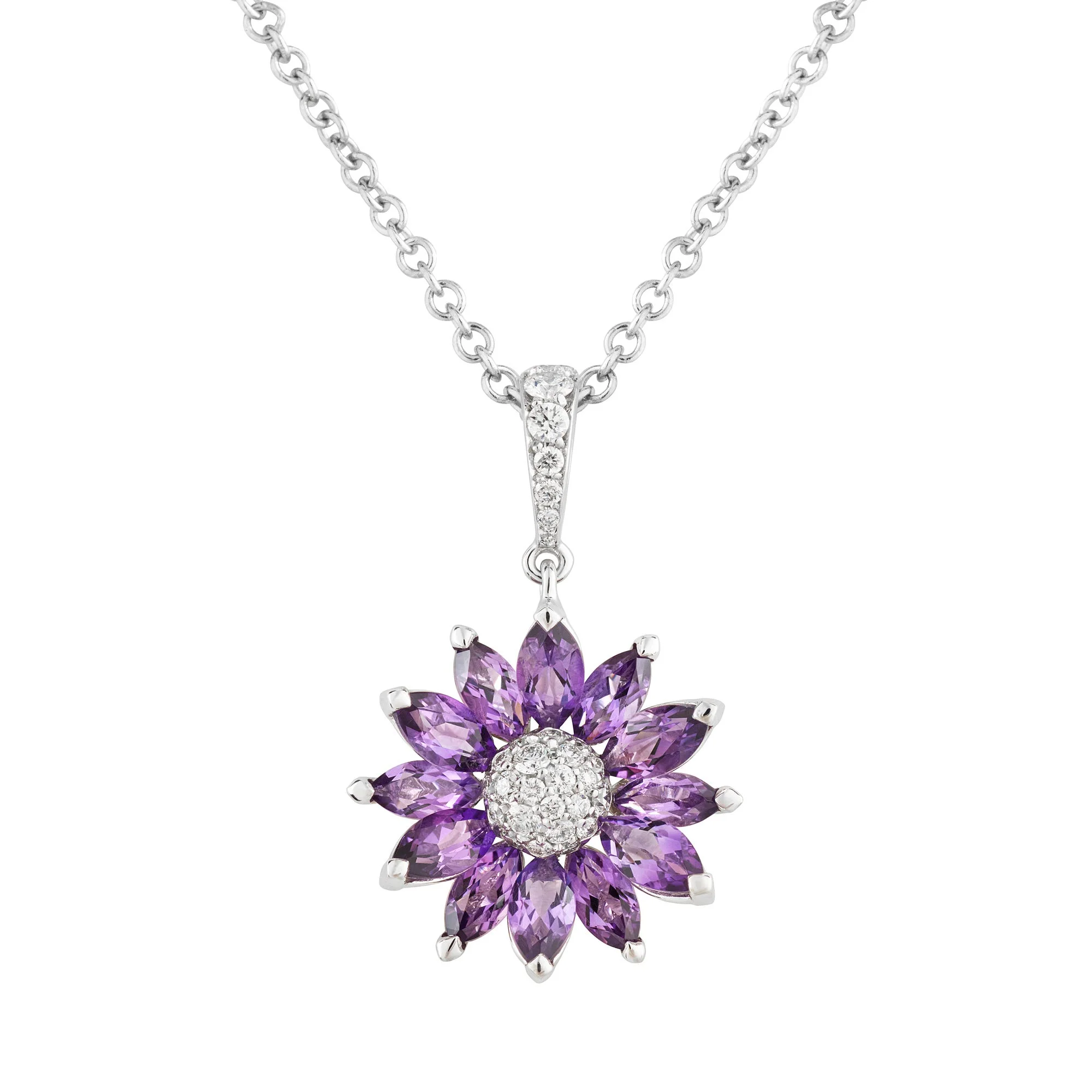 Daisy Small Pendant in 18ct White Gold with Amethyst and Diamonds - Image 3