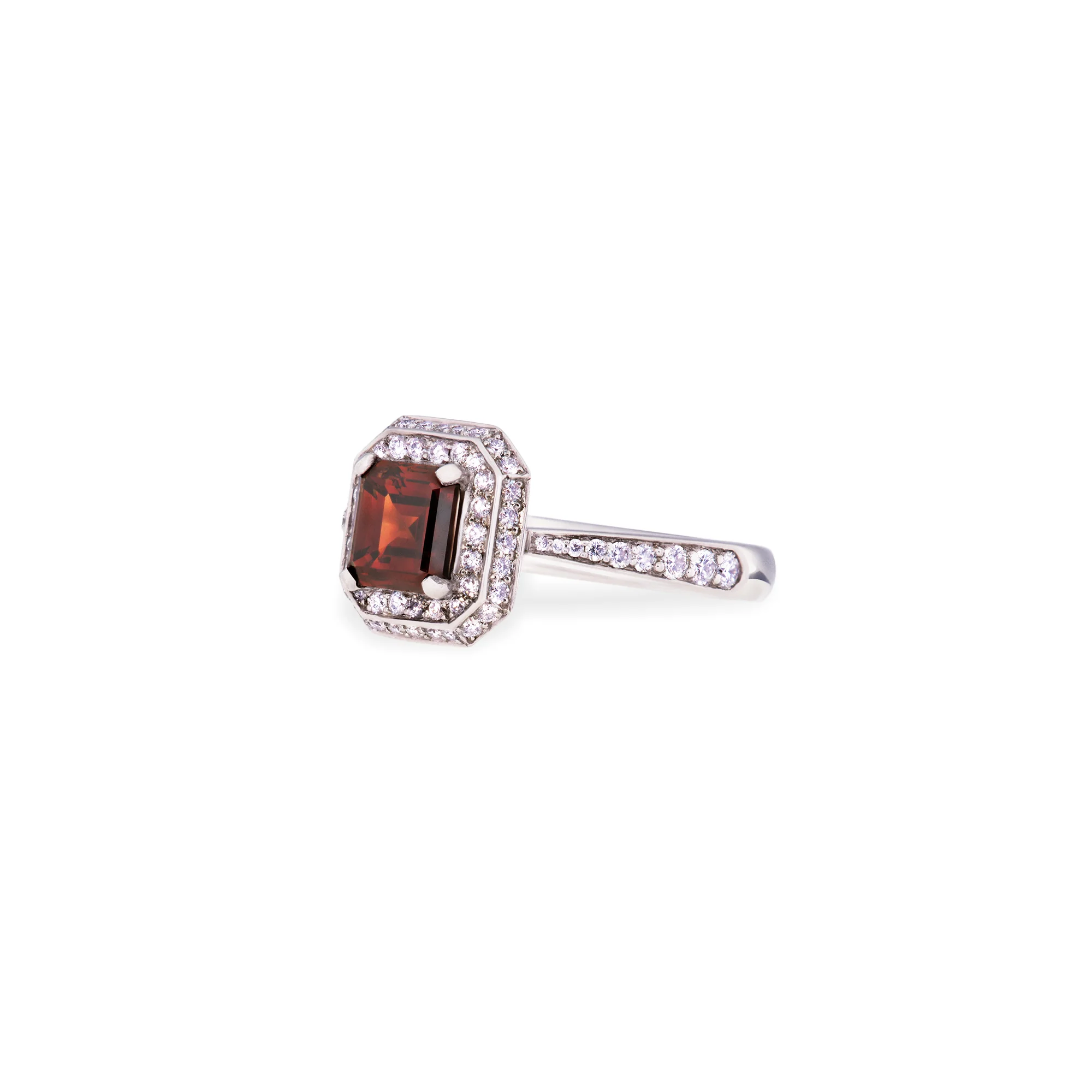 Emerald-Cut Brown Diamond Cluster Ring in Platinum with Pavé Diamonds - Image 3