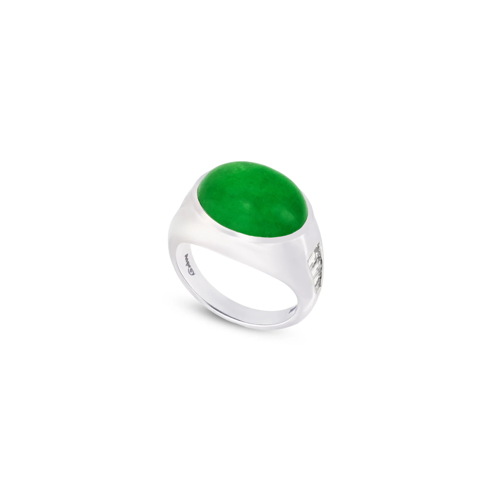Green Imperial Jadeite Cabochon Ring with Diamonds in 18ct White Gold