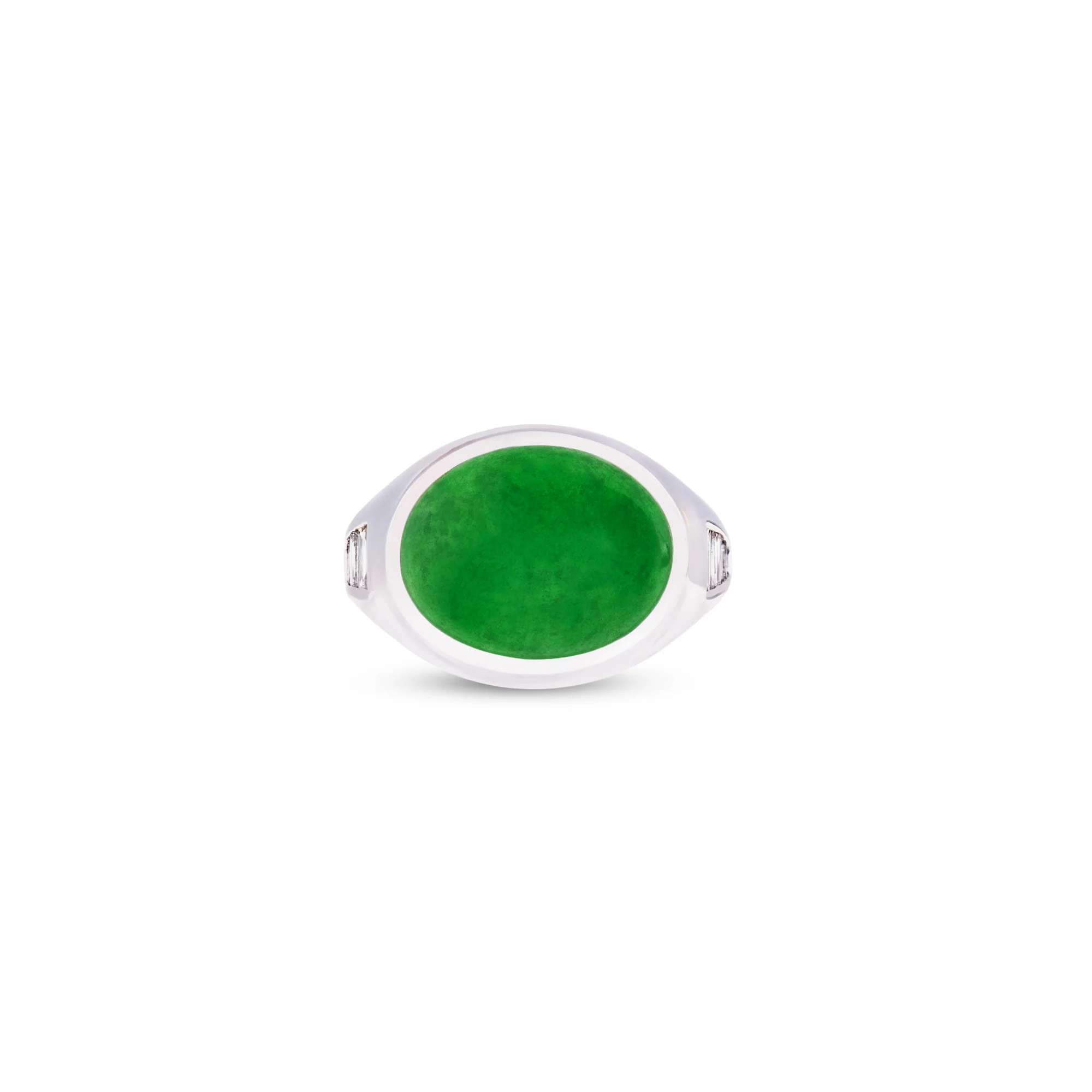 Green Imperial Jadeite Cabochon Ring with Diamonds in 18ct White Gold - Image 2