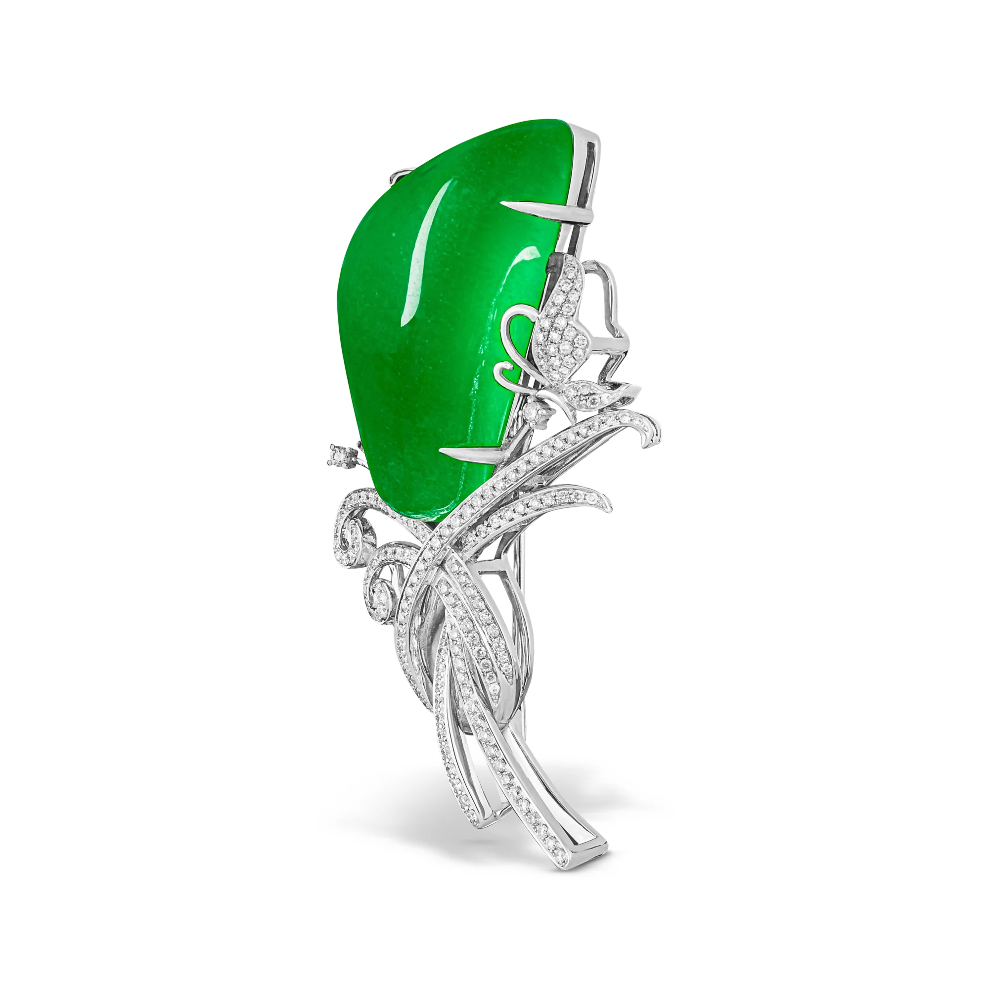 Imperial Jadeite Cabochon Brooch in 18ct White Gold with Diamonds - Image 2