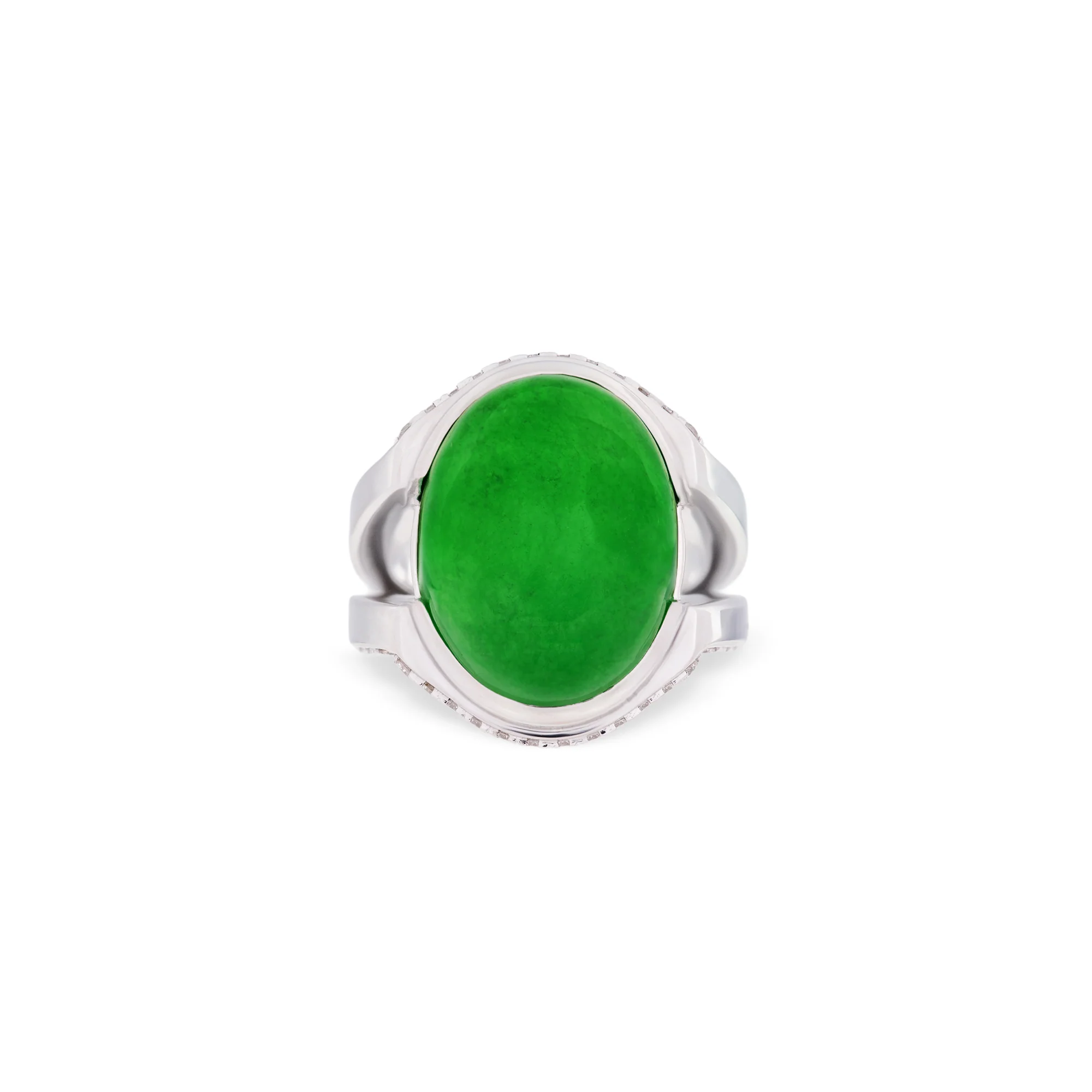 Imperial Jadeite Cabochon Ring in 18ct White Gold with Round Brilliant-Cut Diamonds - Image 2