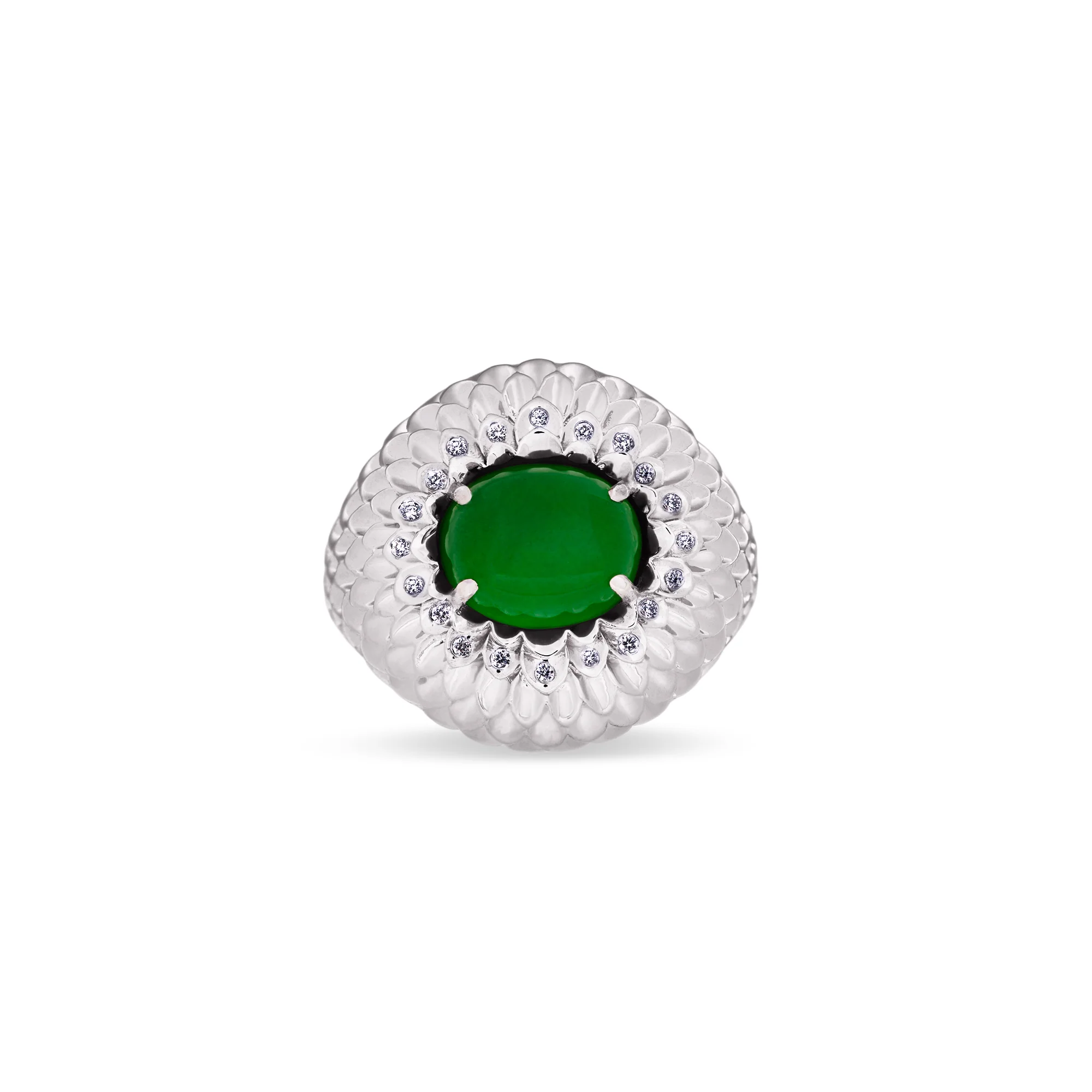 Imperial Jadeite Dahlia Ring in 18ct White Gold with Diamonds - Image 2