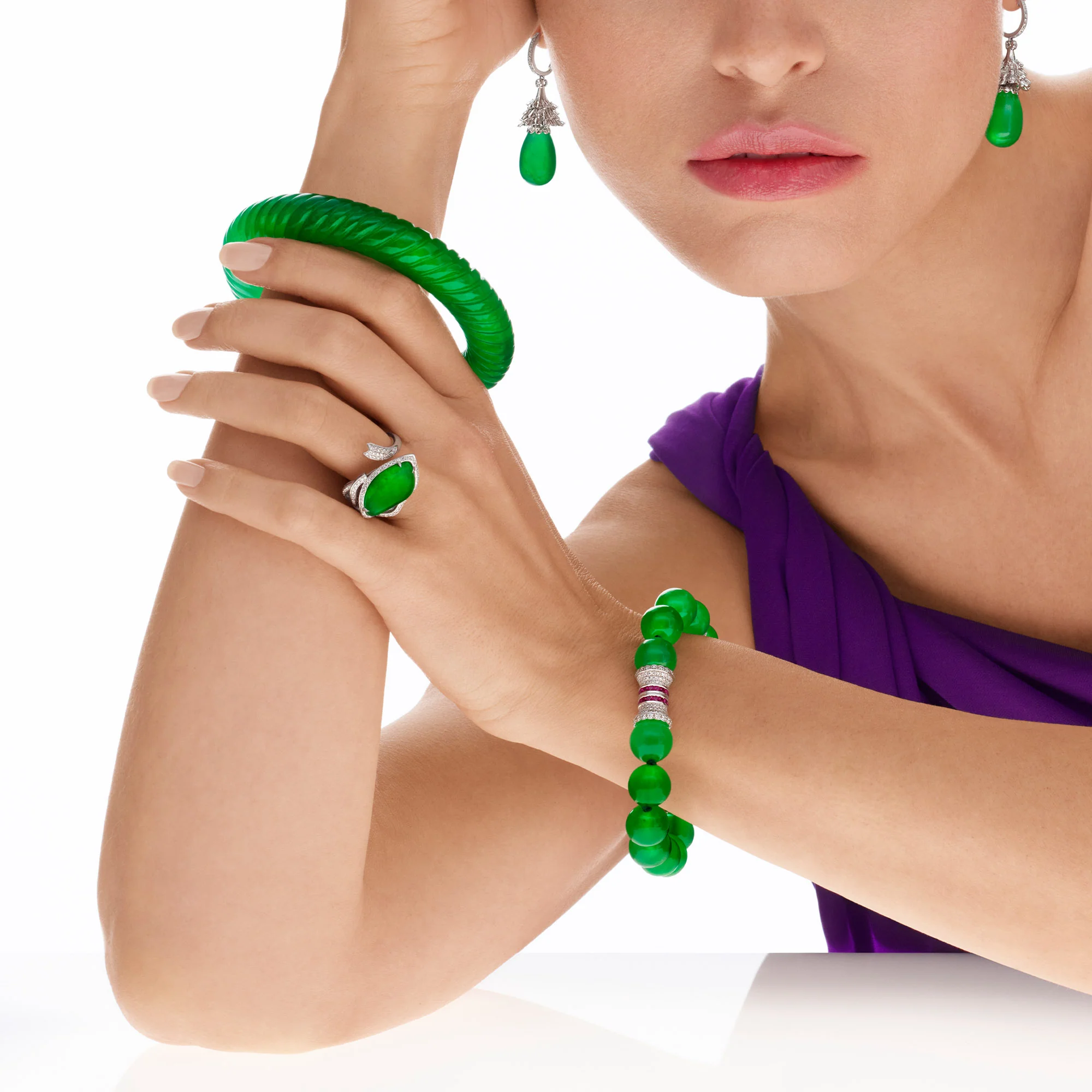 Imperial Jadeite Drop Earrings in 18ct White Gold with Diamonds - Image 3