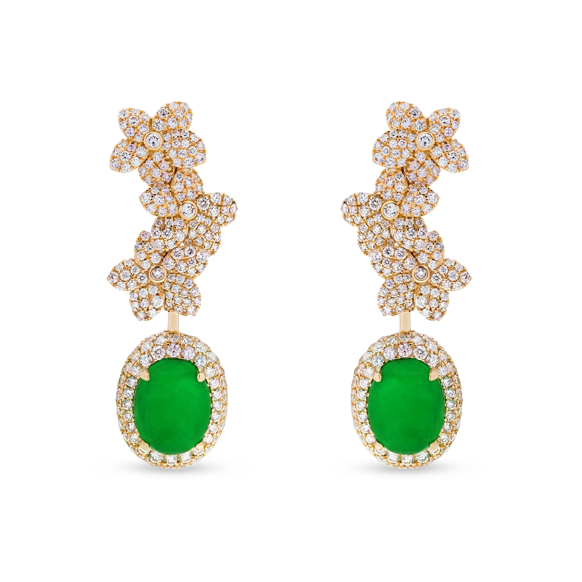 Imperial Jadeite Forget-Me-Not Earrings in 18ct Yellow Gold with Pavé Diamonds