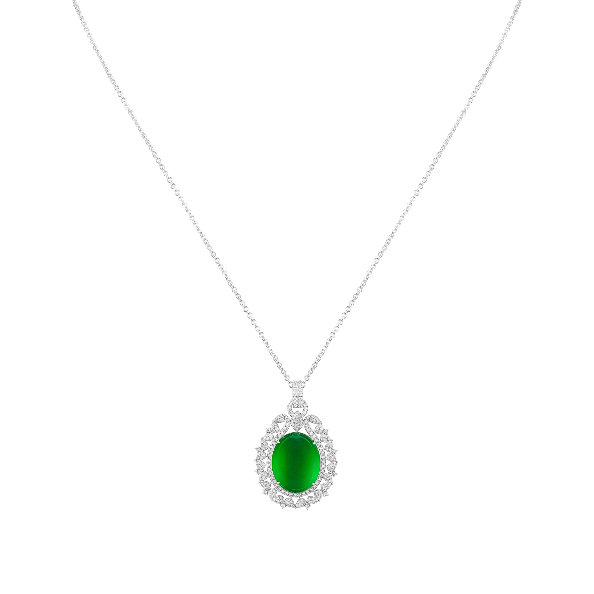 Imperial Jadeite Oval Cabochon Pendant in 18ct White Gold with Diamonds