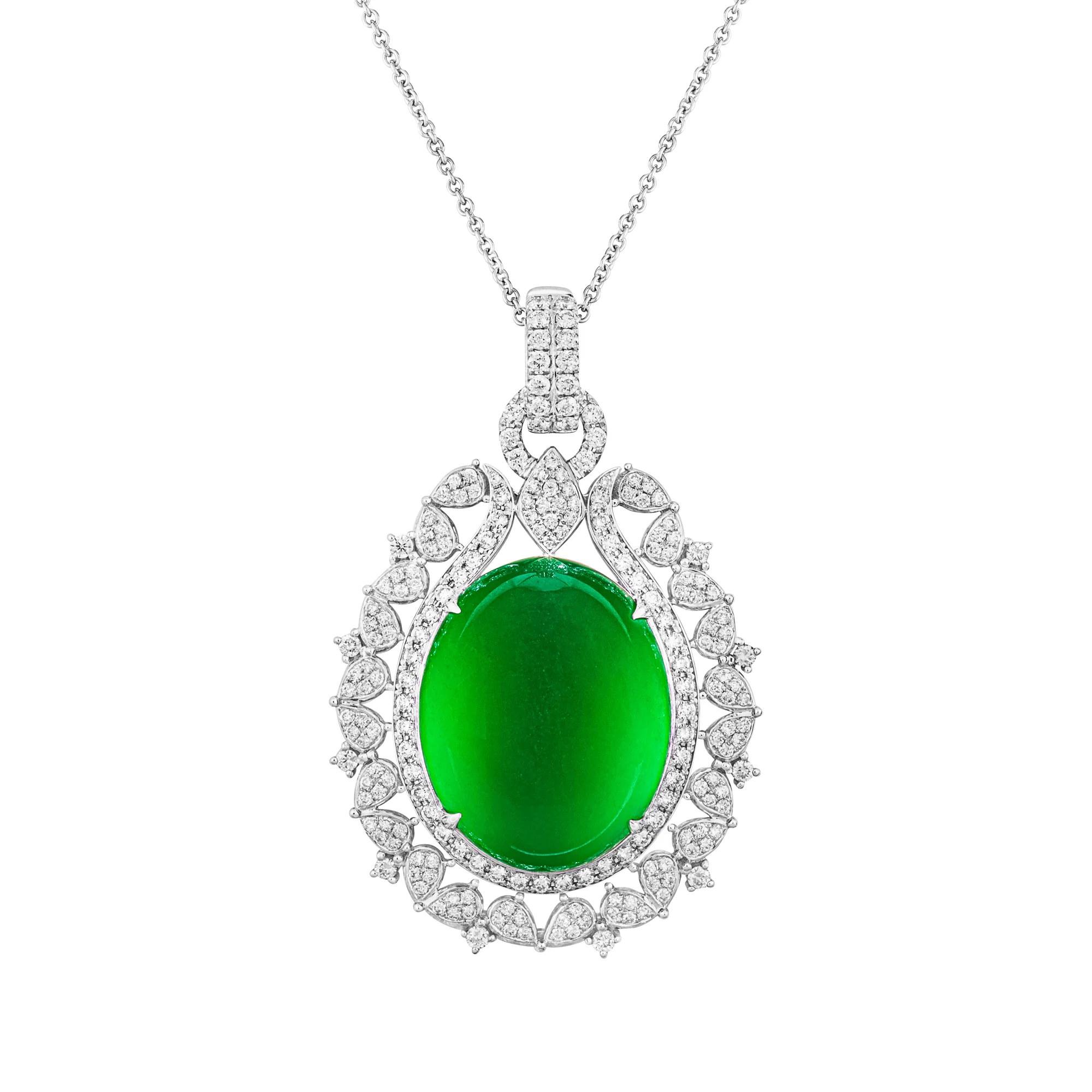 Imperial Jadeite Oval Cabochon Pendant in 18ct White Gold with Diamonds - Image 2