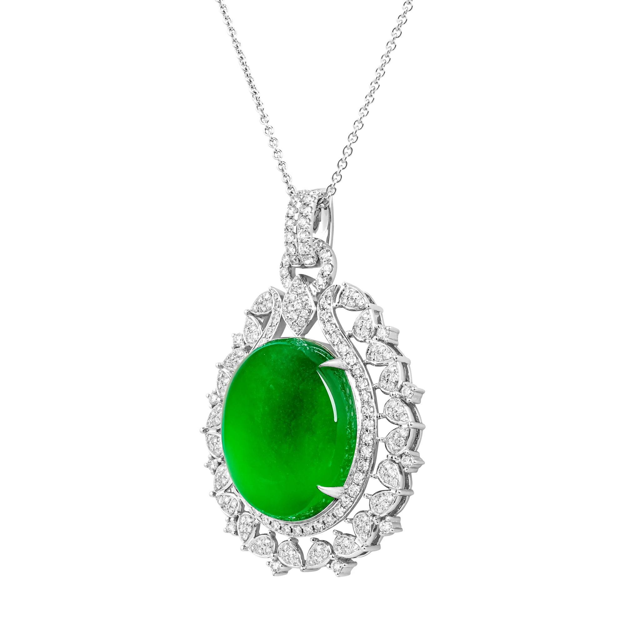 Imperial Jadeite Oval Cabochon Pendant in 18ct White Gold with Diamonds - Image 3