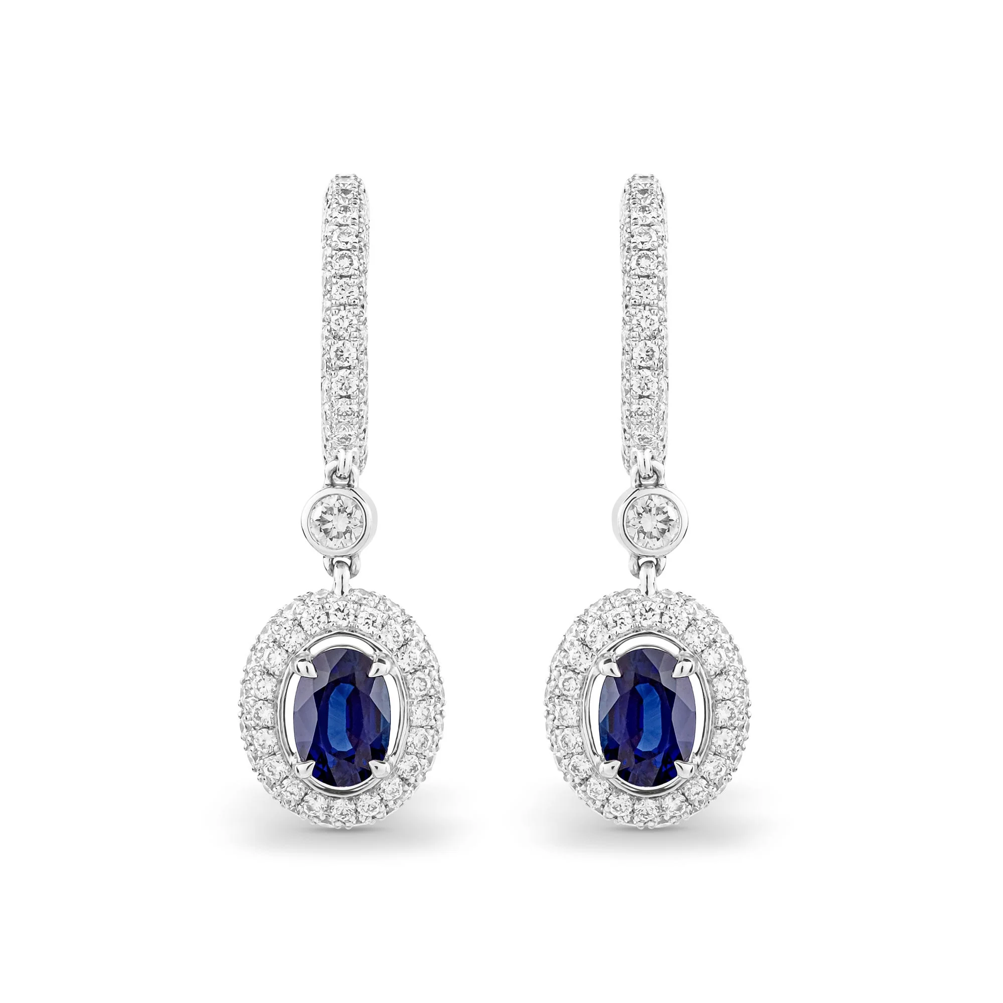 Platinum Hoop Earrings with Oval Sapphire and Diamonds