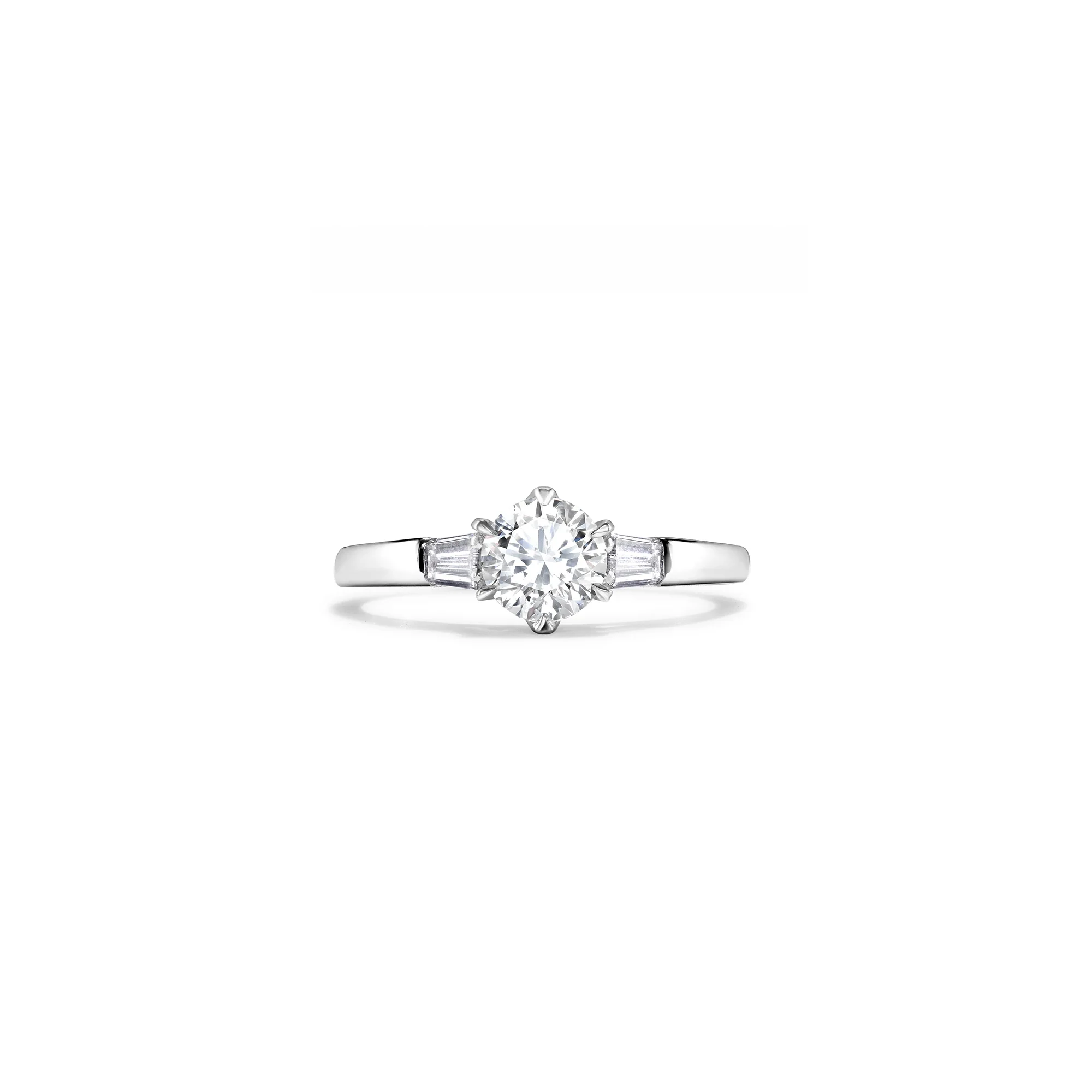 Round Brilliant-Cut Diamond Engagement Ring in Platinum with Tapered Baguettes - Image 2