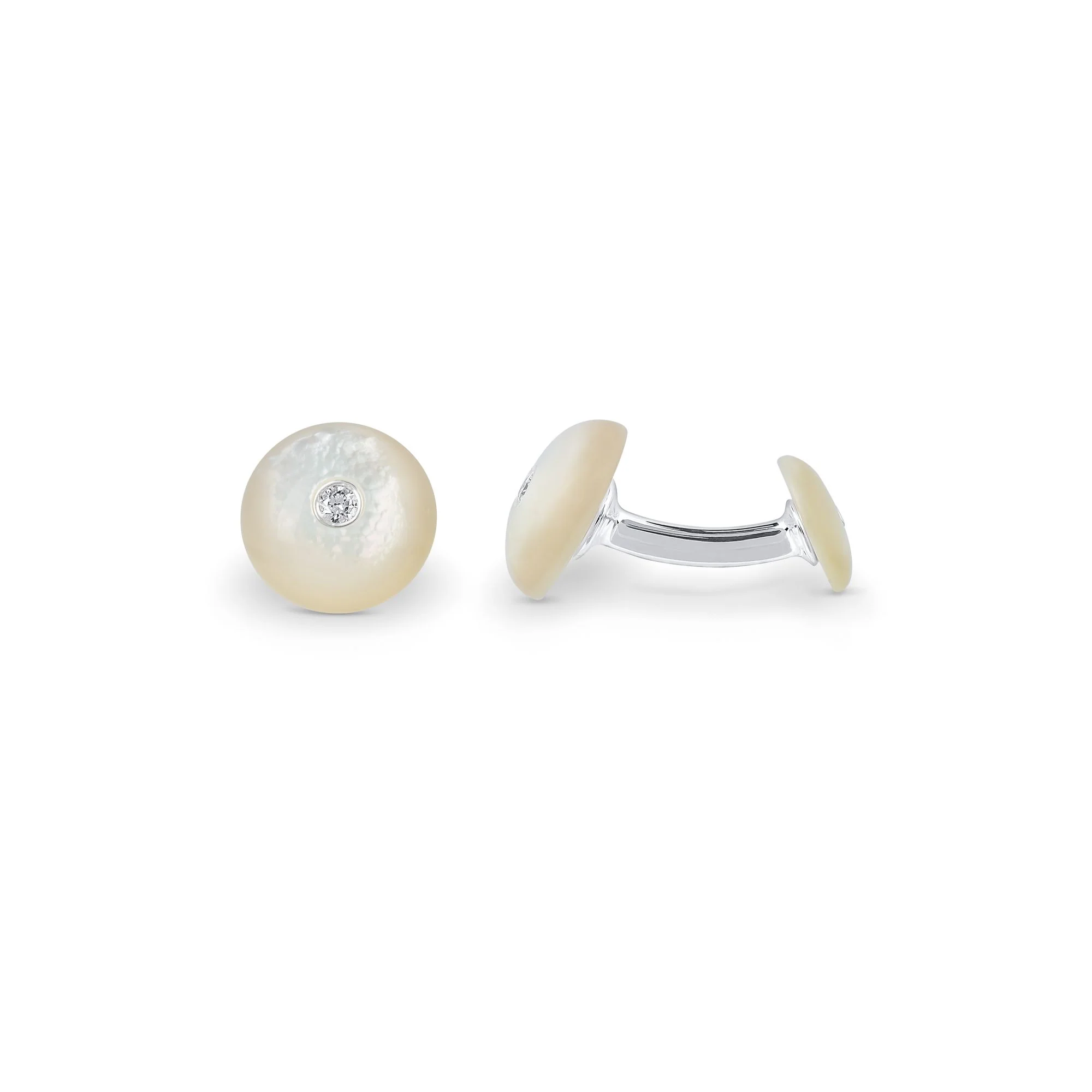 Round Mother of Pearl Cufflinks with Diamond in Sterling Silver - Image 2